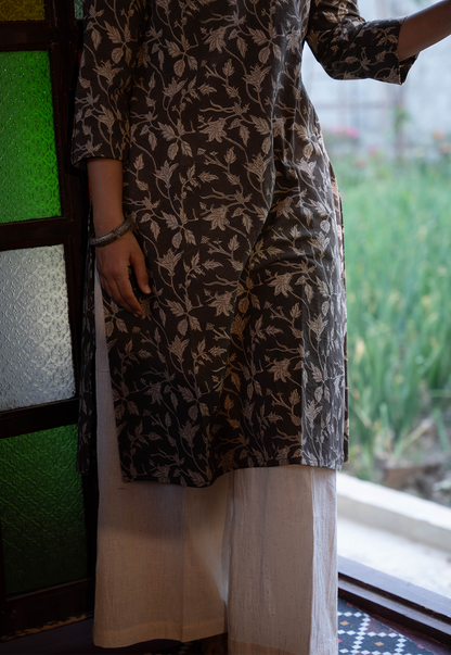 Noor White Flower on Black Kurta w White Handloom Pant - Cord Set