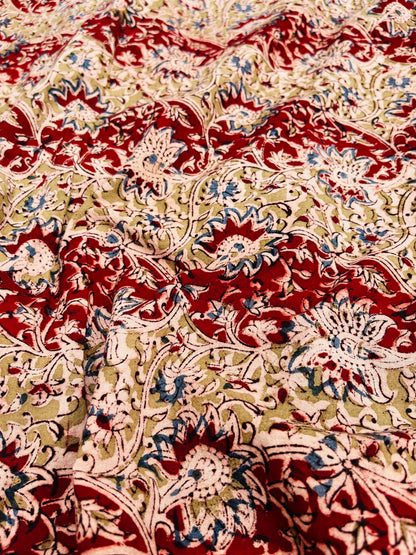 Botanical Elegance: Mustardish Green & Indigo Floral Kalamkari Fabric